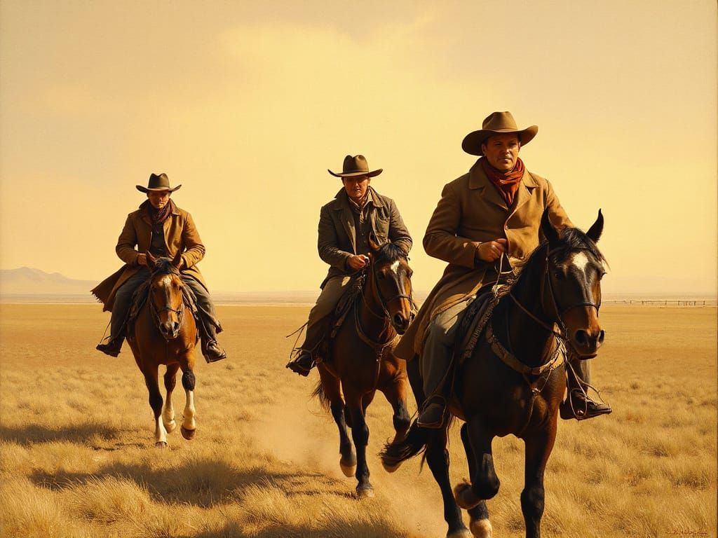 Cowboys Ride Across Open Range in Classic Western Art Style