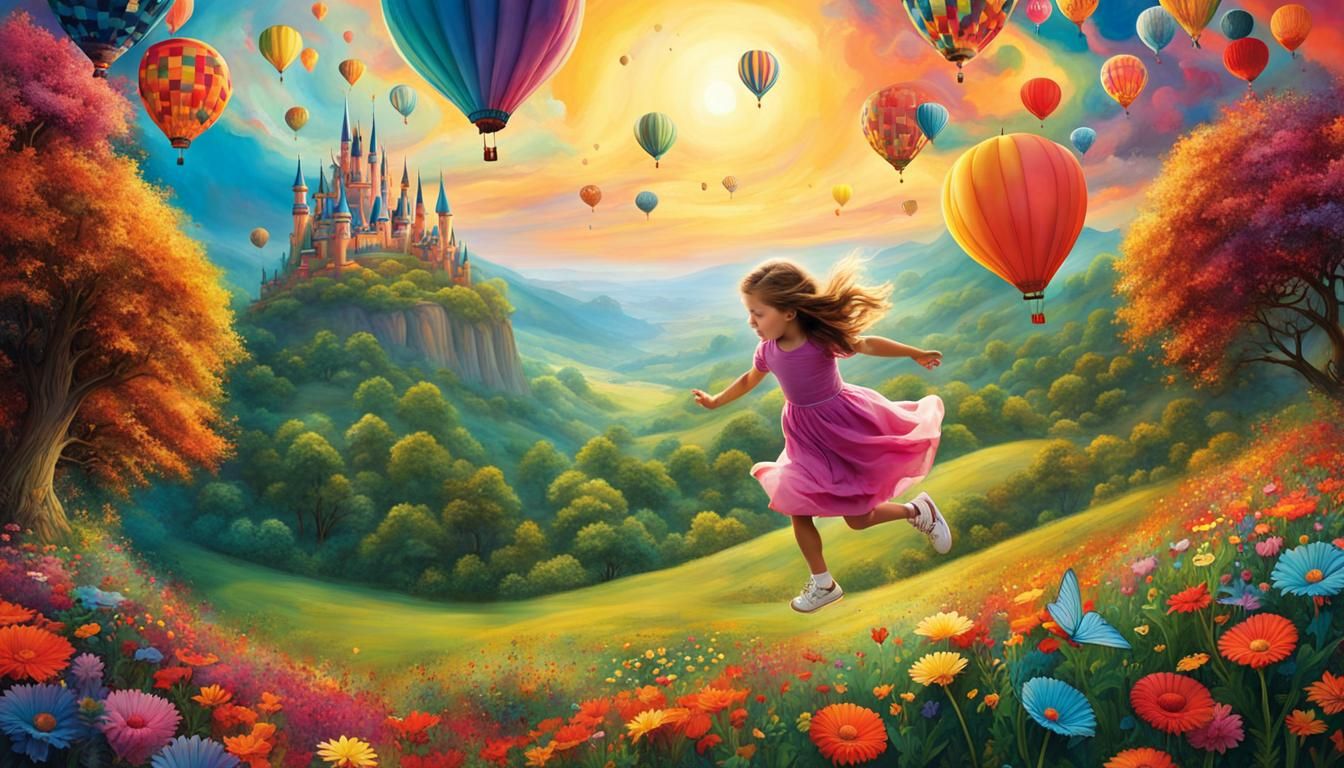 Enchanted Girl Running in Fairytale Landscape Illustration