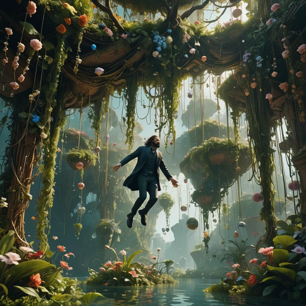 Man Floats in Surreal Hanging Gardens, Dreamlike Art