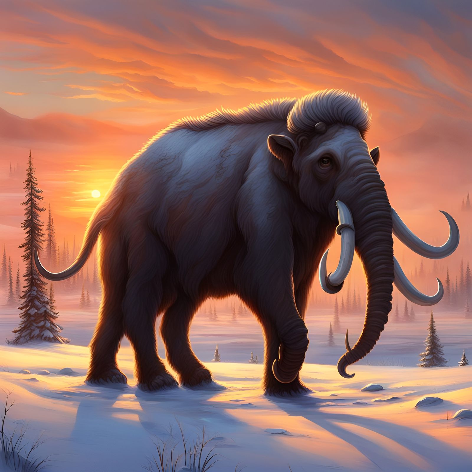 Mastodon on the Russian Tundra at Sunset