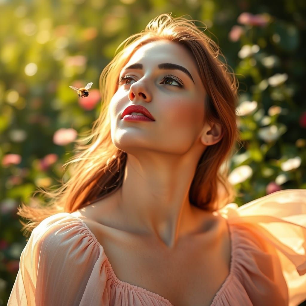 Woman in Serene Garden Setting with Gentle Bee