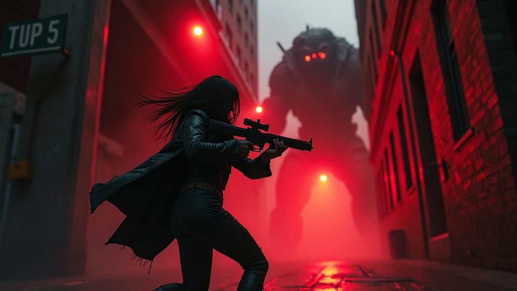 Fierce Warrior in Gritty Alleyway, Dark Fantasy Art