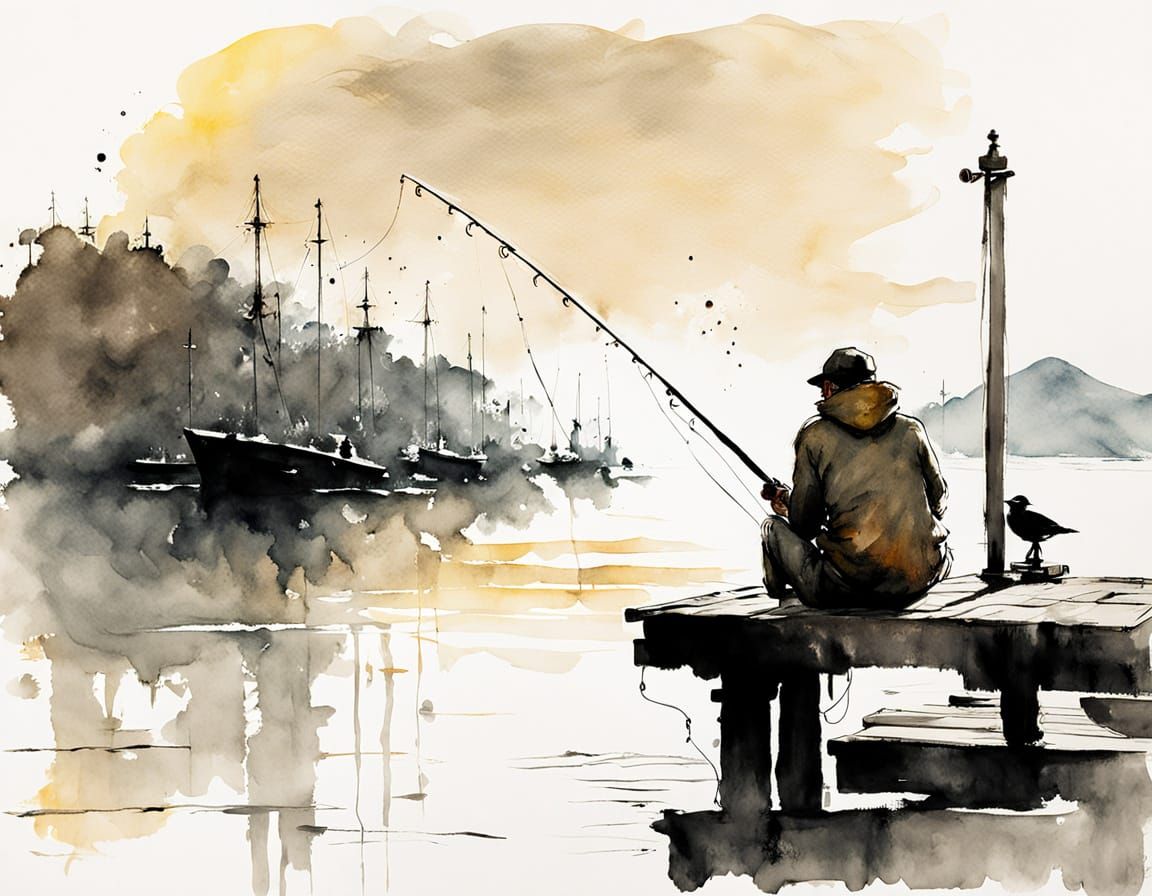 Lone Angler on Pier at Dawn, Ink Watercolour Style