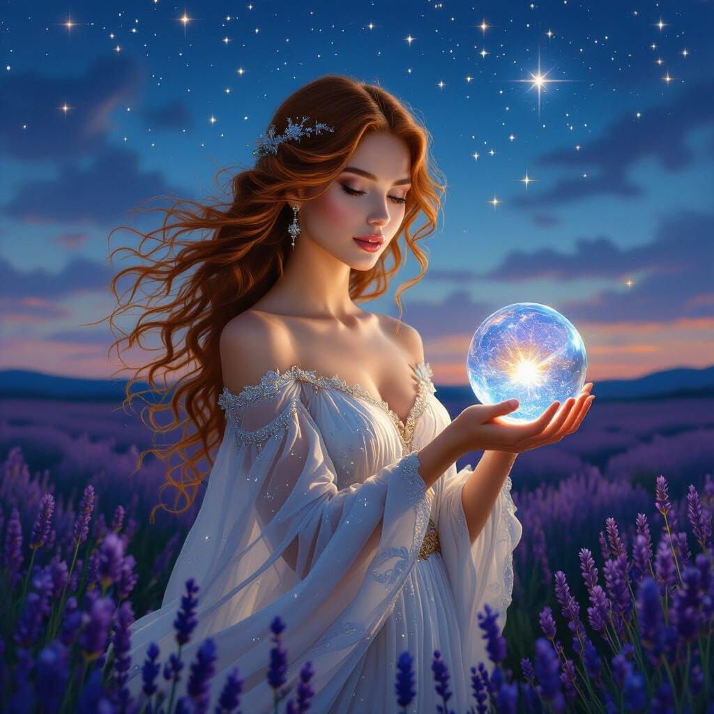 Ethereal Starlight Woman in Lavender Field: Pre-Raphaelite A...