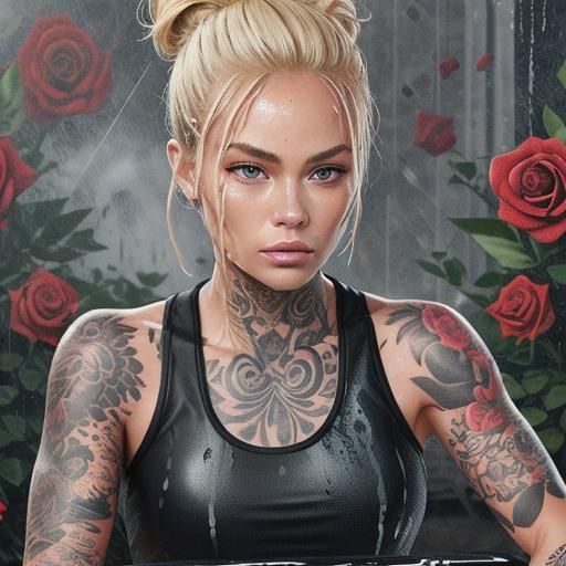 Tattooed Woman on Exercise Bike with Money Roses