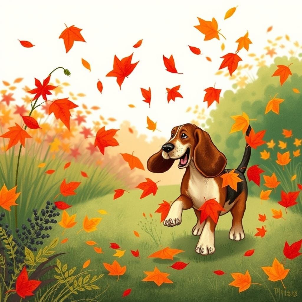 Basset Hound Chases Autumn Leaves with Boy in Storybook Styl...