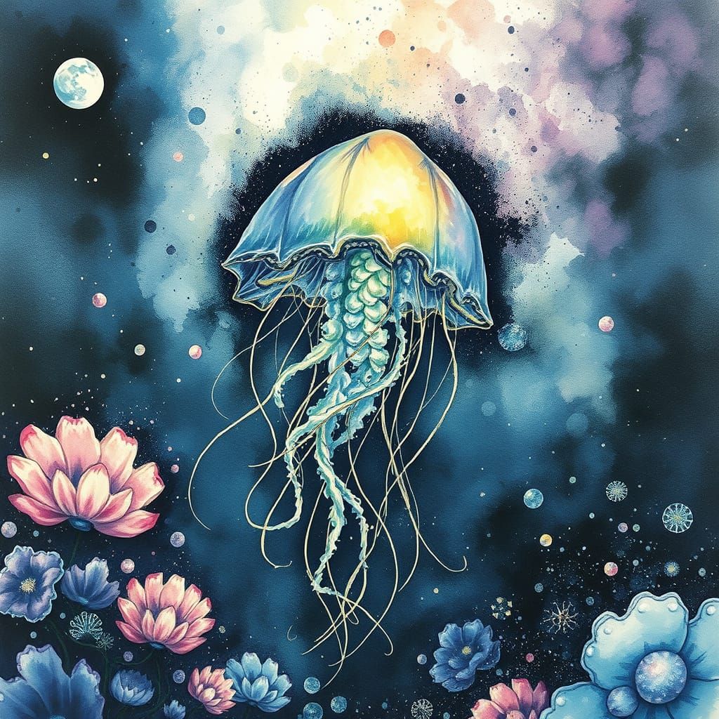 Mystical Jellyfish Floating in Magical Ocean, Watercolor Sty...