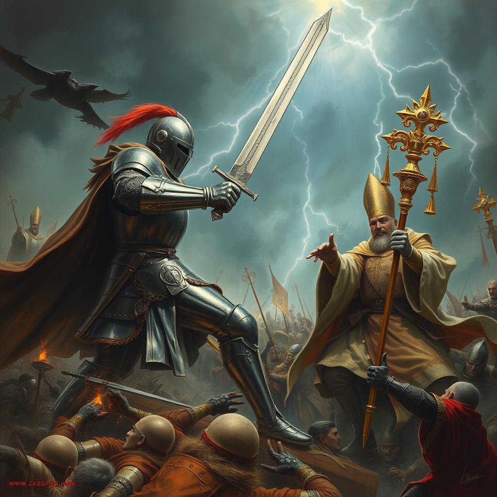 Knight and Bishop Clash on Battlefield in Fantasy Art
