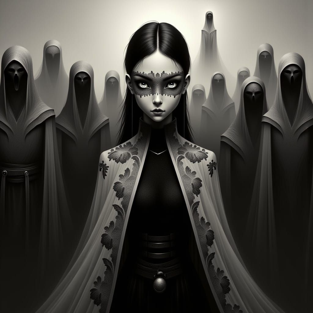 Blindfolded Woman Before Soldiers in Anime Style