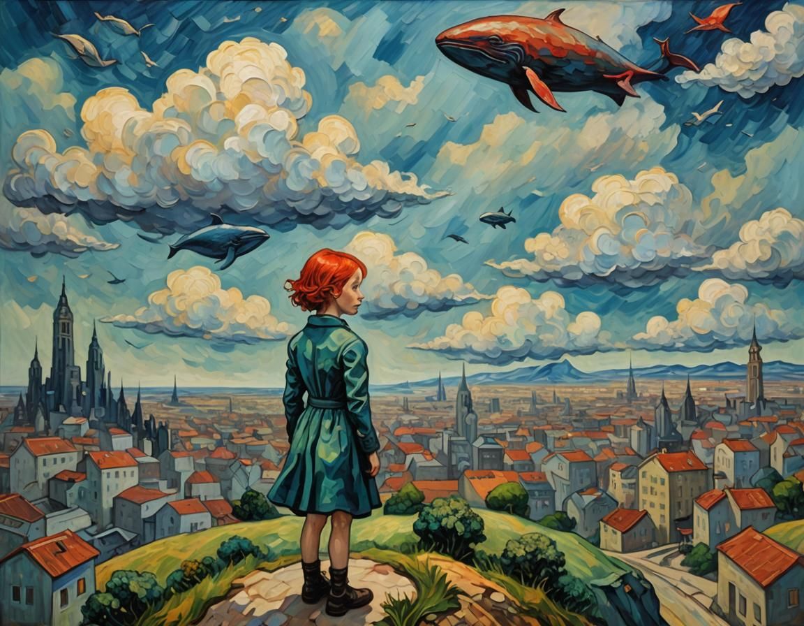 Girl in Cyberpunk City: A Surreal Oil Painting