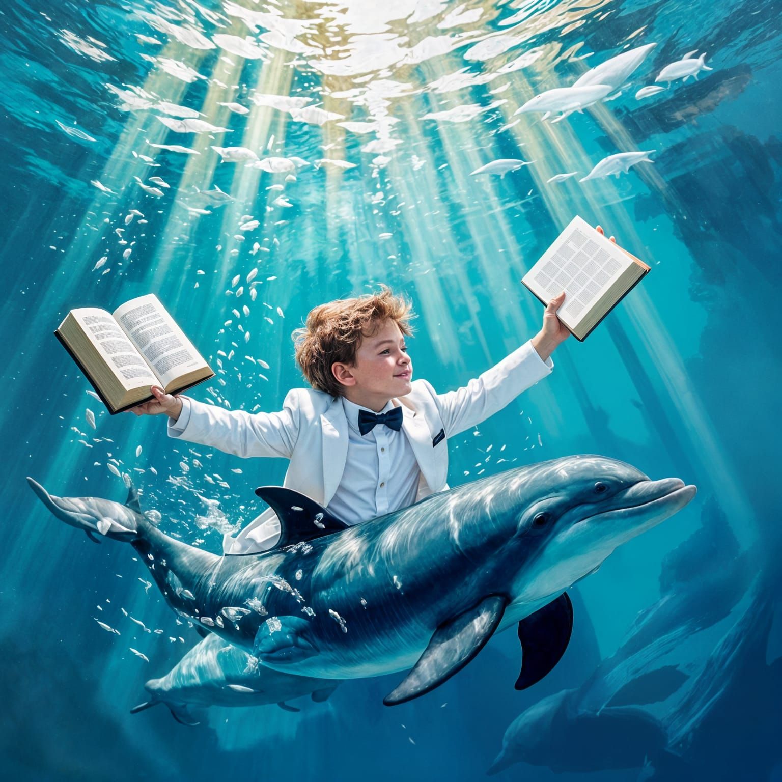 Boy and Dolphin Swimming Underwater