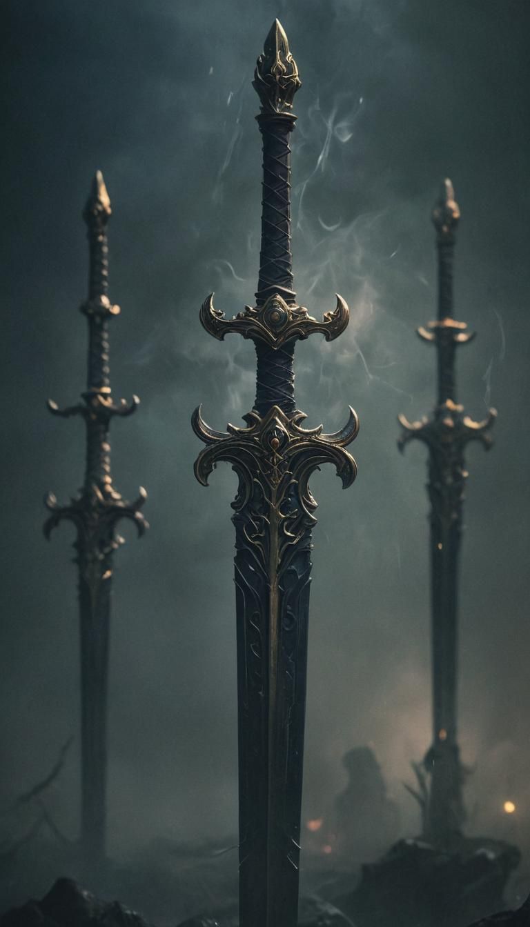 Magical Weapons Surrounded by Dark Mist in Anime Style