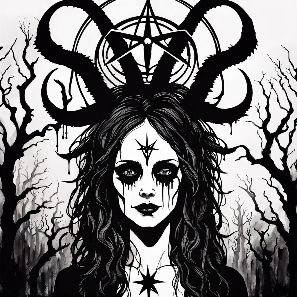Spooky Baphomet Woman in Black Ink Drawing