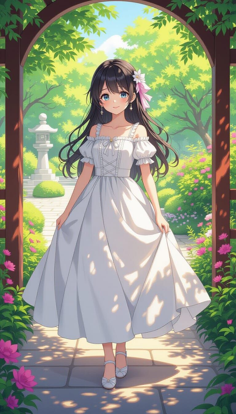 Anime-Inspired Girl in Garden with Manga Details