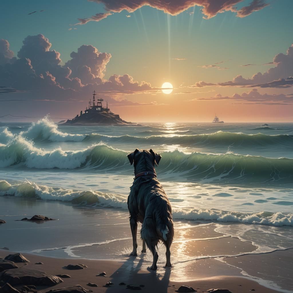 Dog Gazing at Mystical Sea, Fantasy Concept Art