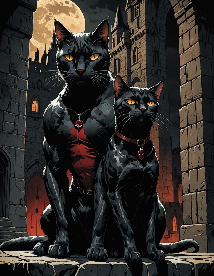 Noir Comic: Vampire Cat Couple in Castle