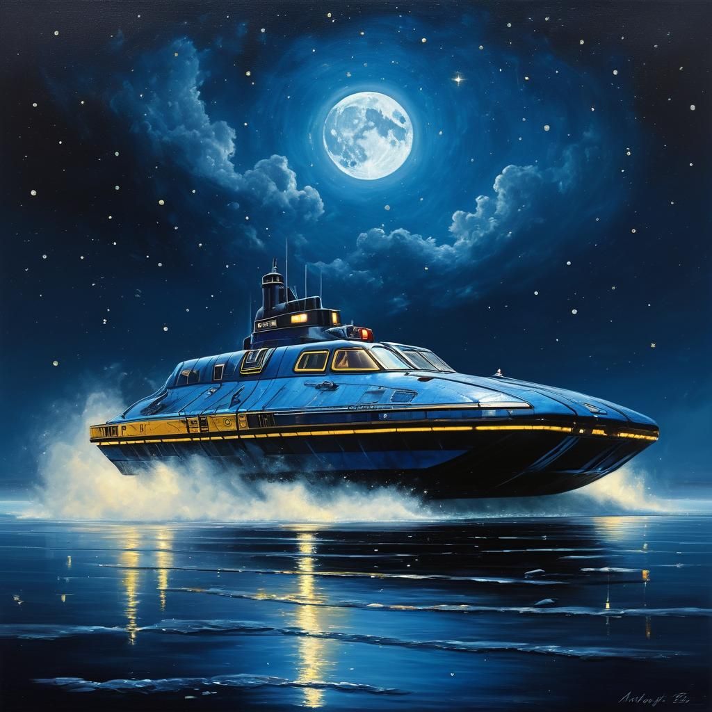 Midnight-Blue Hovercraft at Starry Port in Rembrandt Style