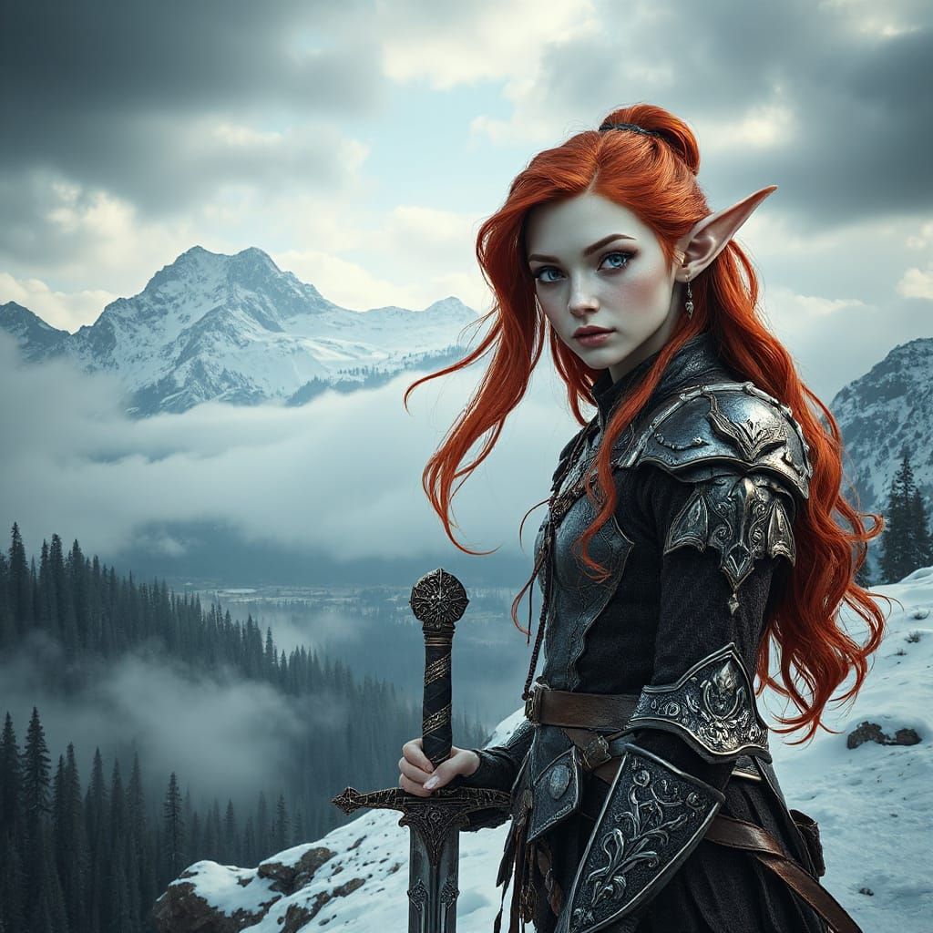 Epic Elf Warrior on Mountain Peak