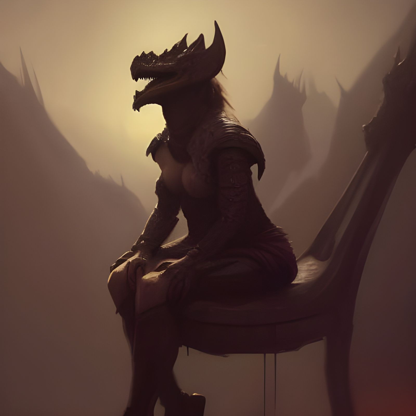 Female Dragonborn sitting on a chair retired