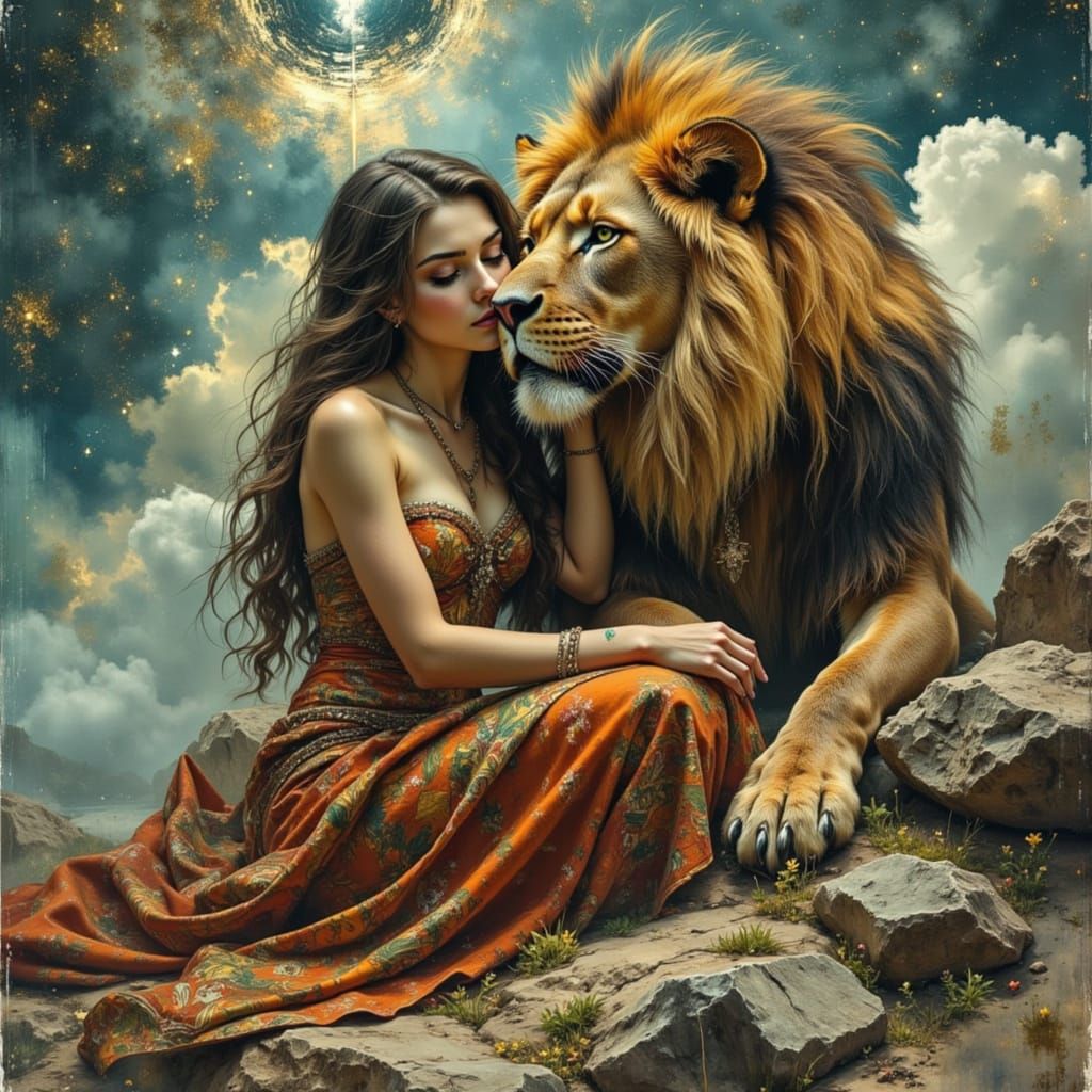 Woman and Lion Reborn Under Fractured Sky