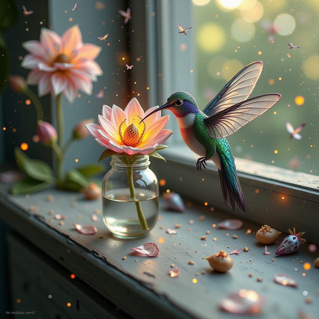 Hummingbird Sipping Nectar from Flower in Jar