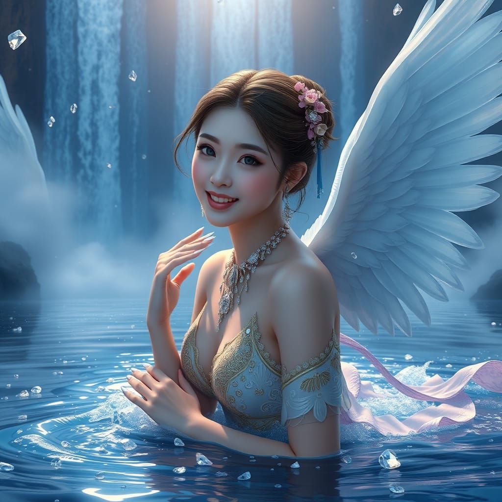 Kinnaree with Angel Wings in Diamond Waterfall