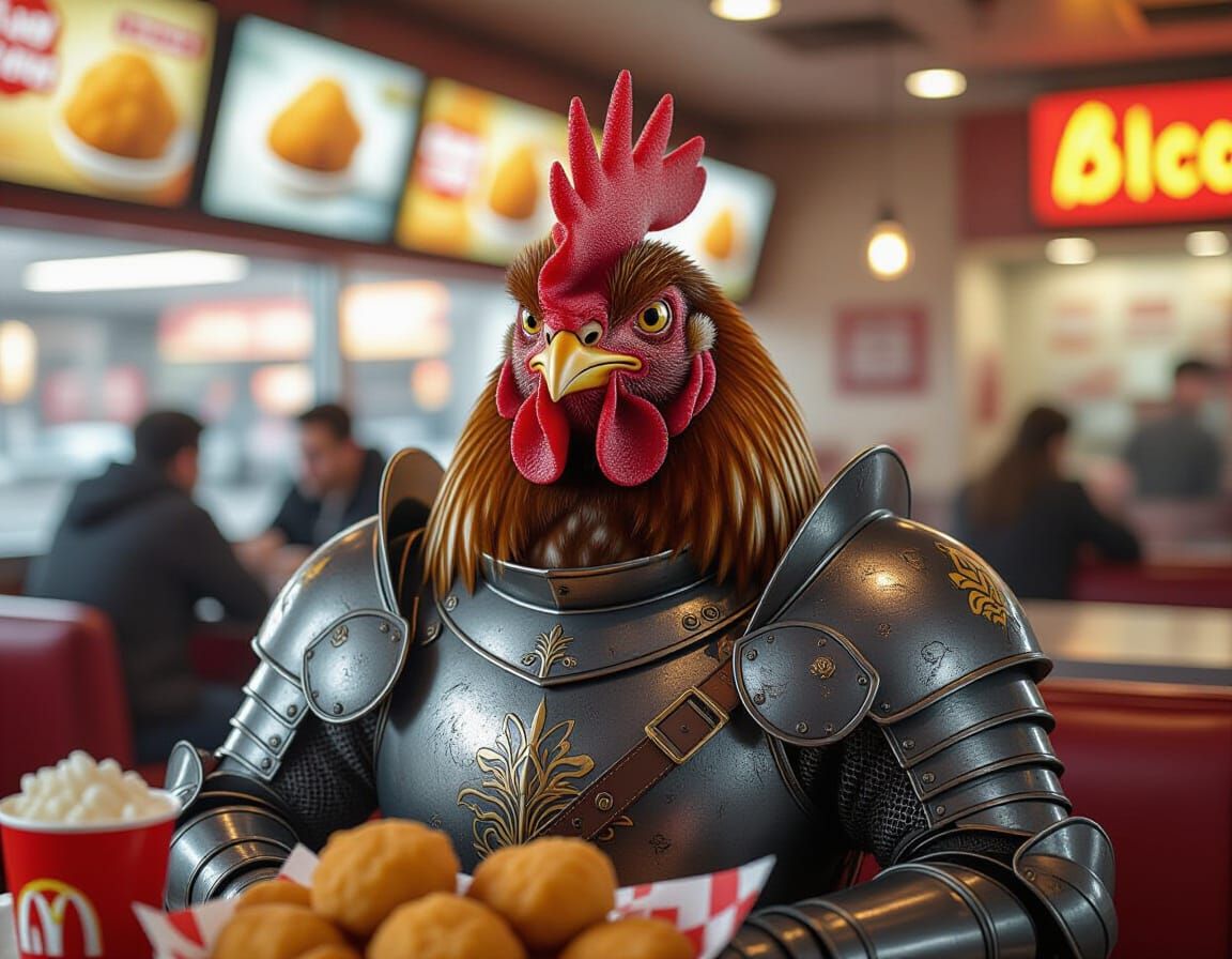Armored Chicken Disgruntled in Dystopian Fast Food Restauran...