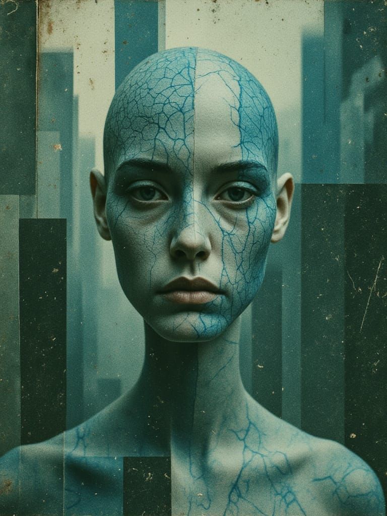 Bioluminescent Blue Android in Brutalist City, Steampunk Sty...