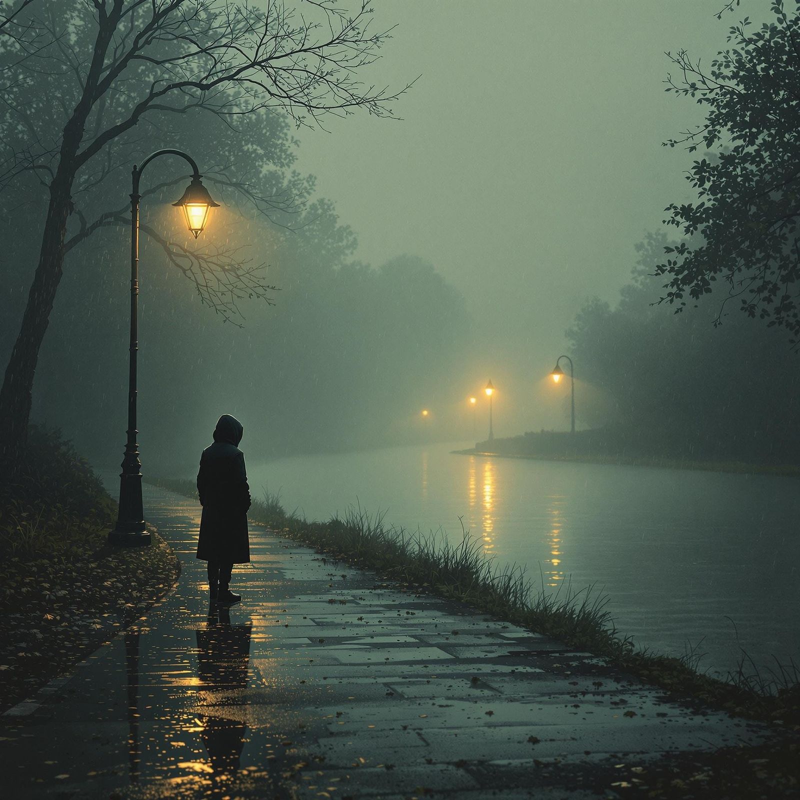 Melancholic Figure Watching Shadow Fade in Rain