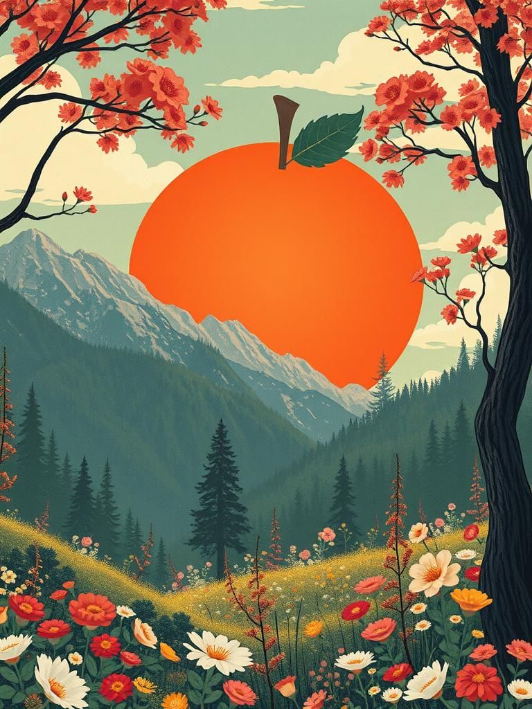 Surreal Apple Sun Over Floral Mountainscape