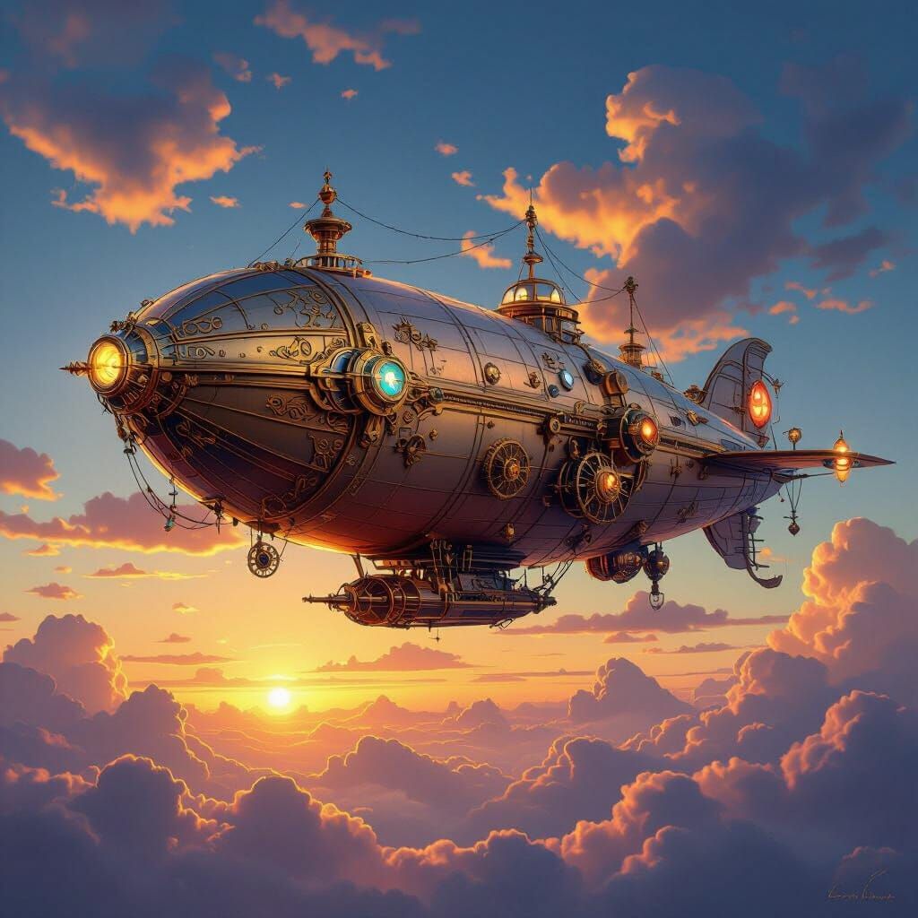 Steampunk Airship Soars Through Vibrant Sunset Sky