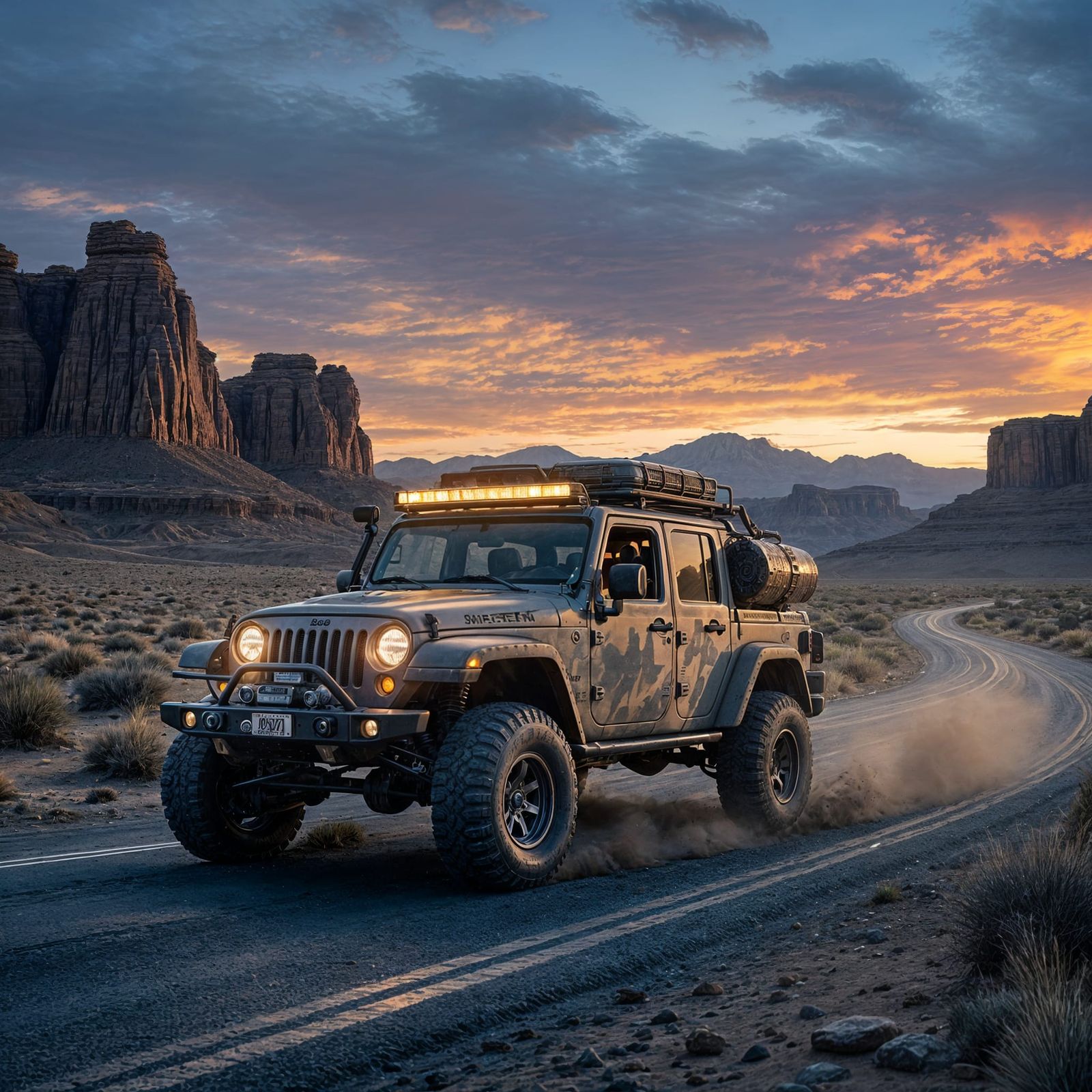 Lone Jeep on Desert Highway at Twilight