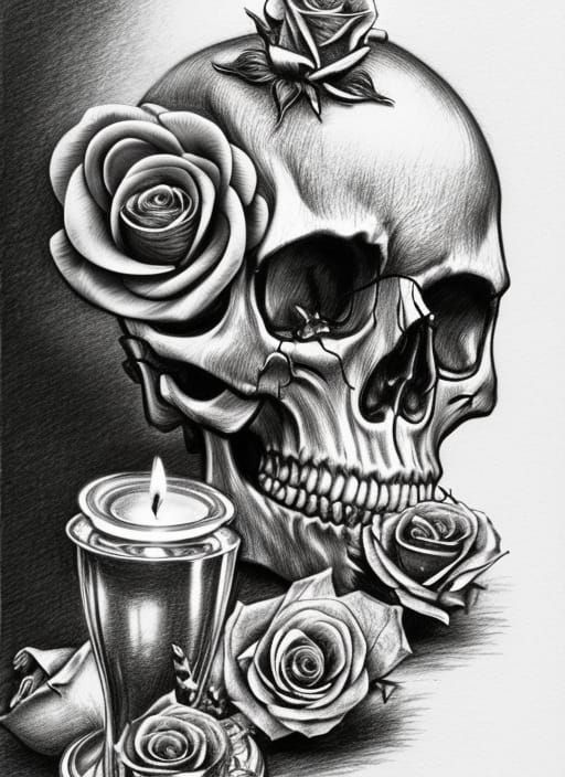 Detailed Skull and Roses Pencil Sketch