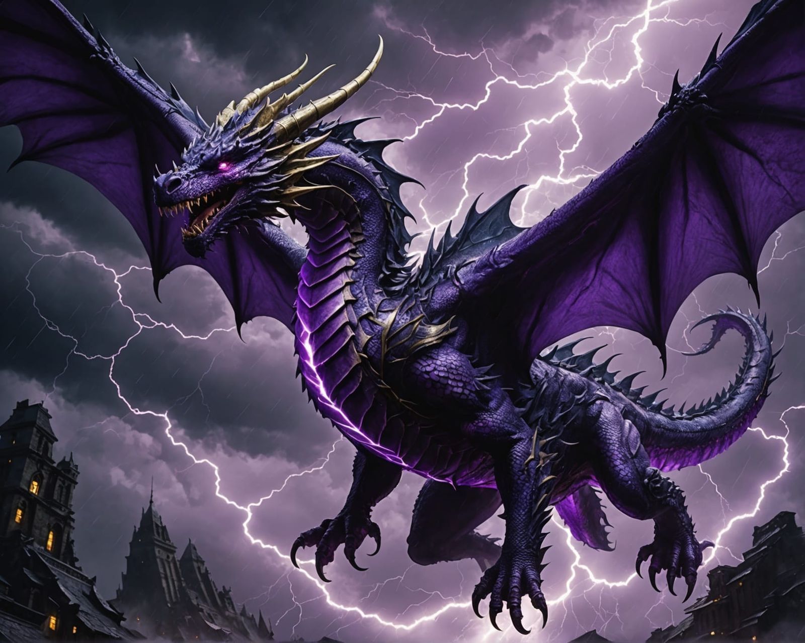 Purple Dragon Soaring in Lightning Storm: Fantasy Art