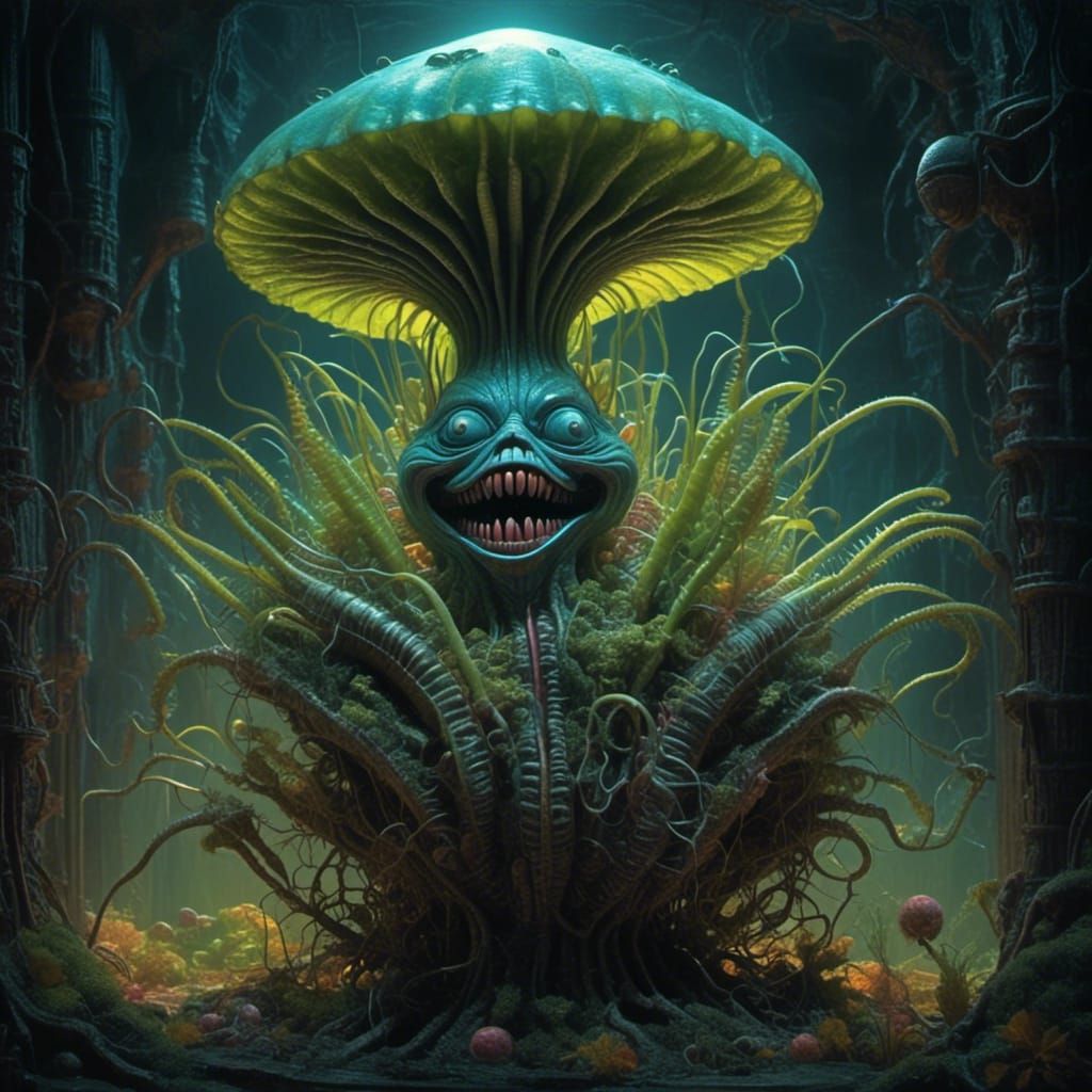 Surreal Bioluminescent Alien Plant with Clown Face