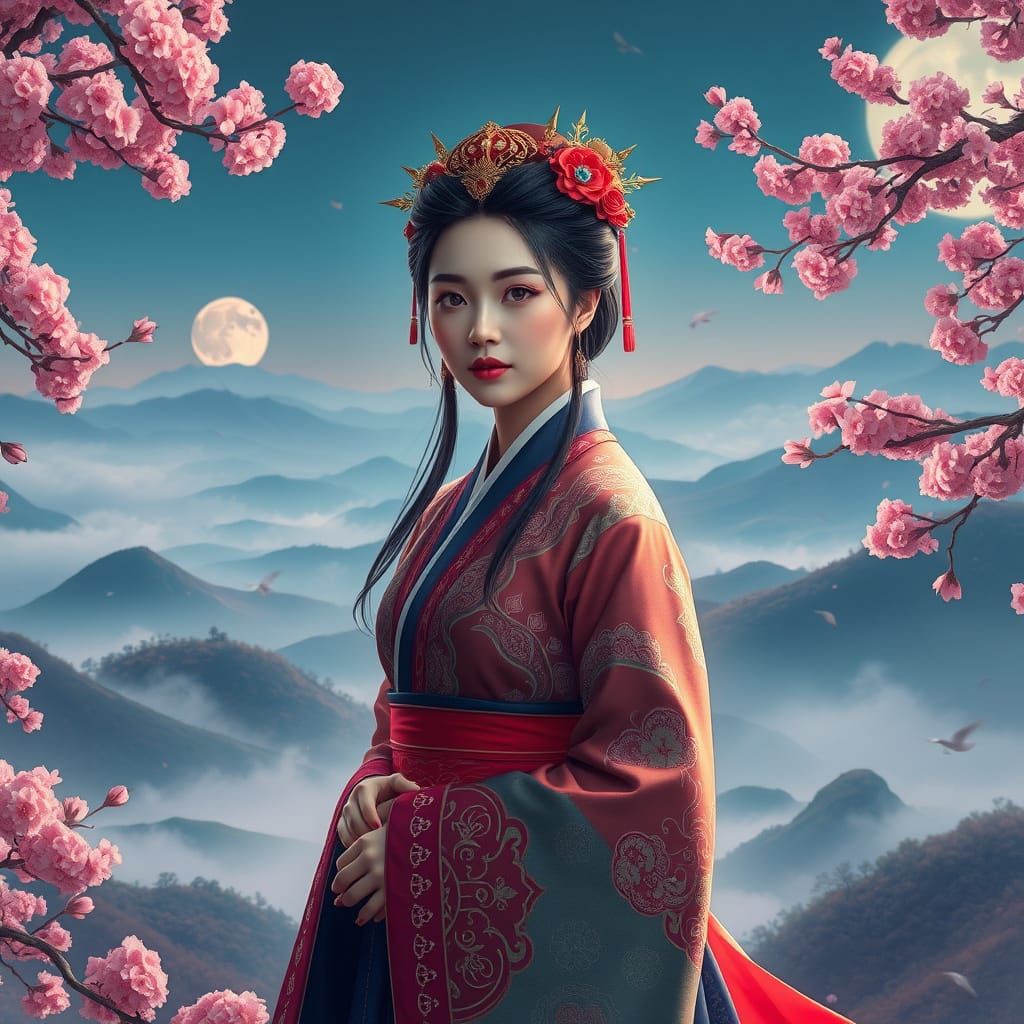 Traditional Korean Woman in Whimsical Fantasy Landscape