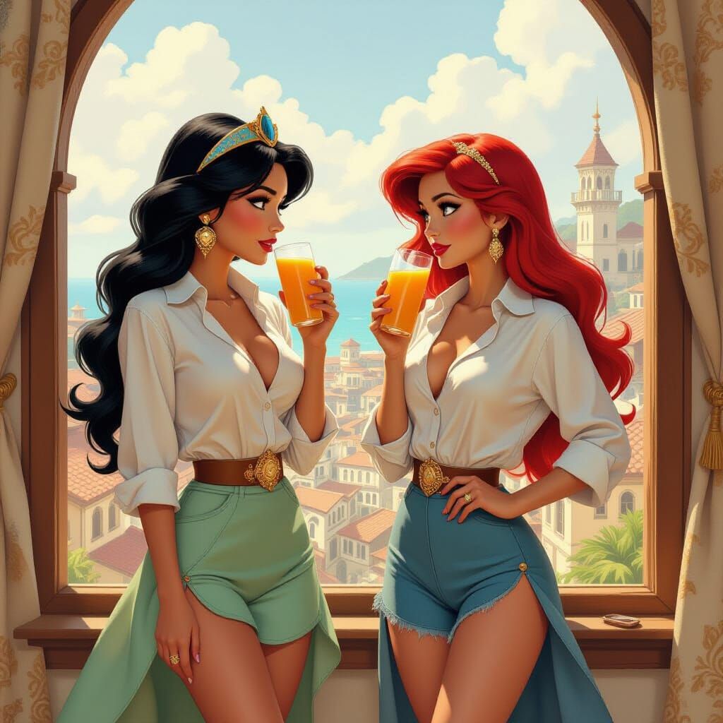 Jasmine and Ariel Sip Juice, Fantasy Oil Painting