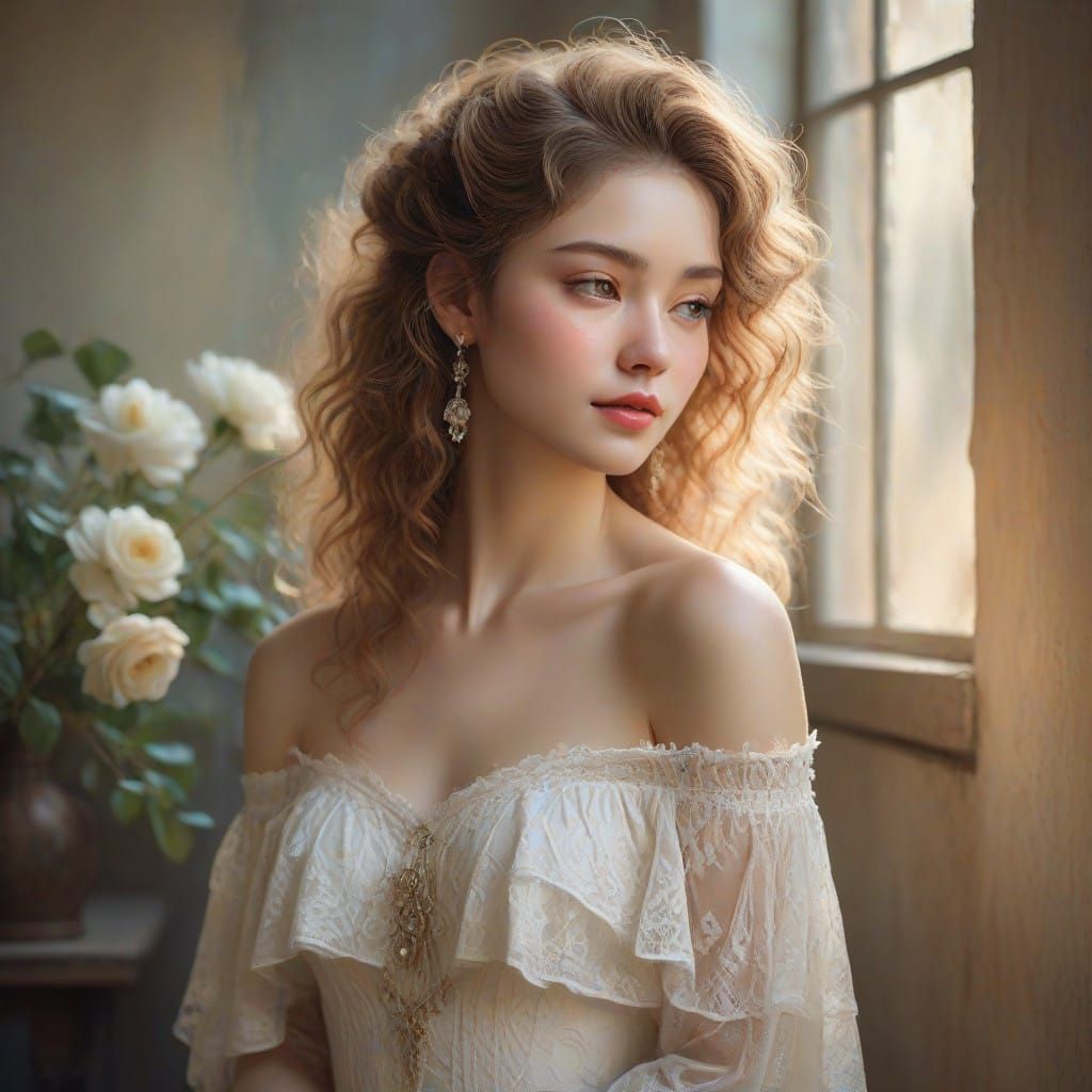 Ethereal Woman in White Lace, Dreamlike Glow