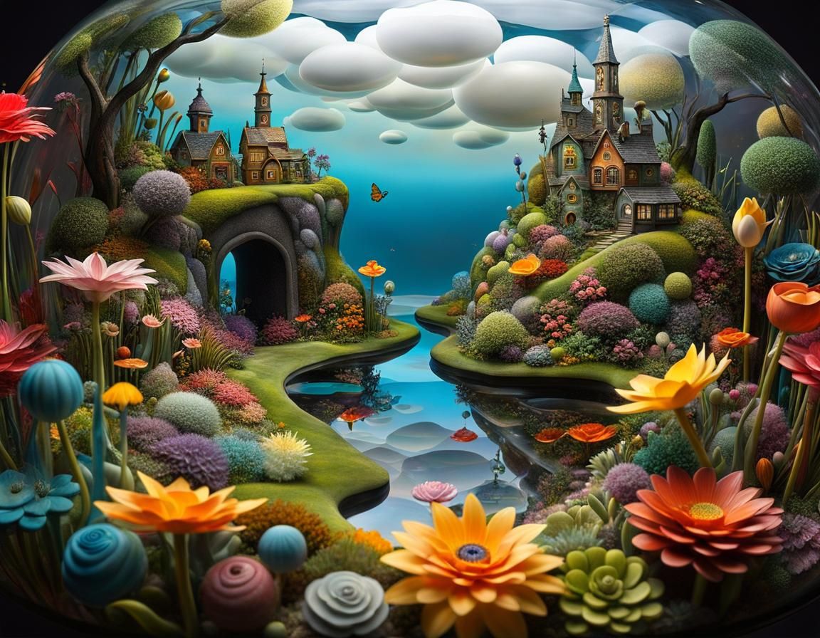 Surreal Flower Fantasy World in Glass Display
