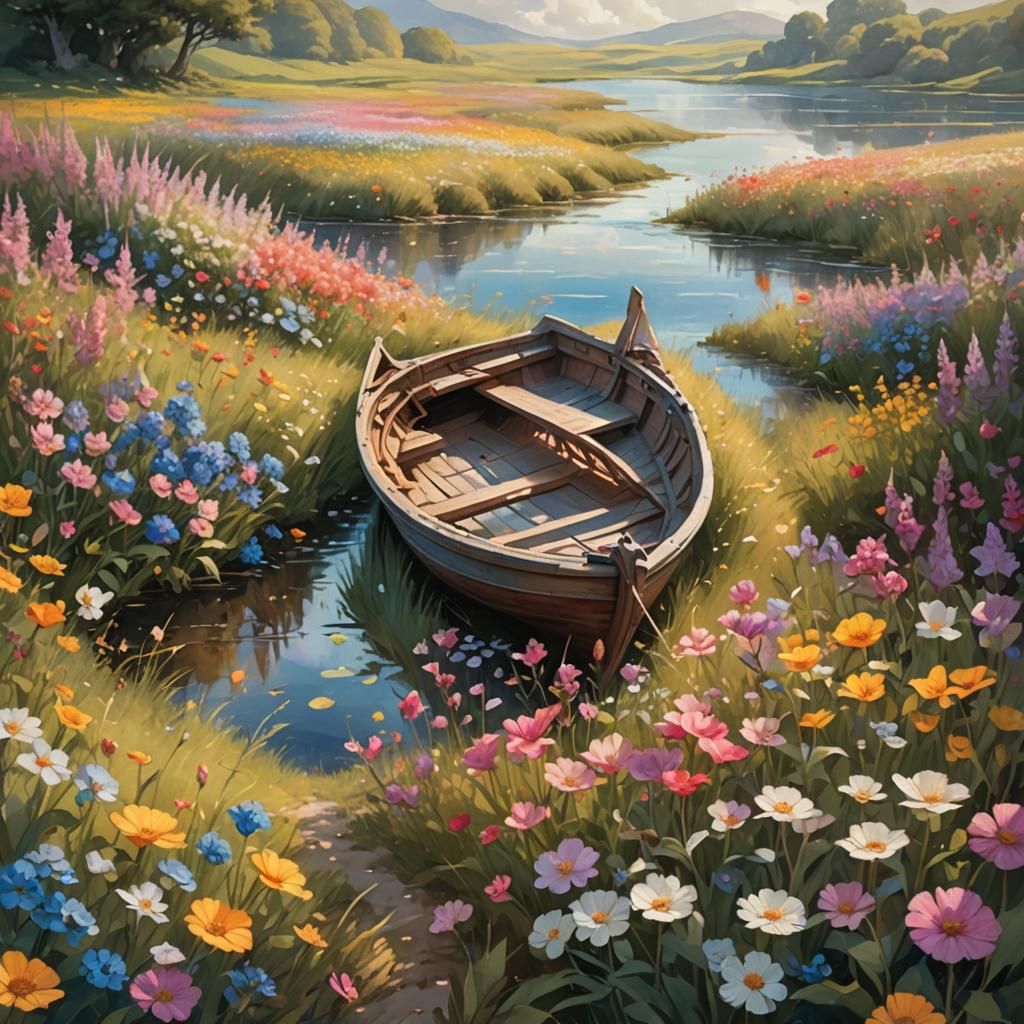 Delicate Boat Sails Through a Field of Flowers