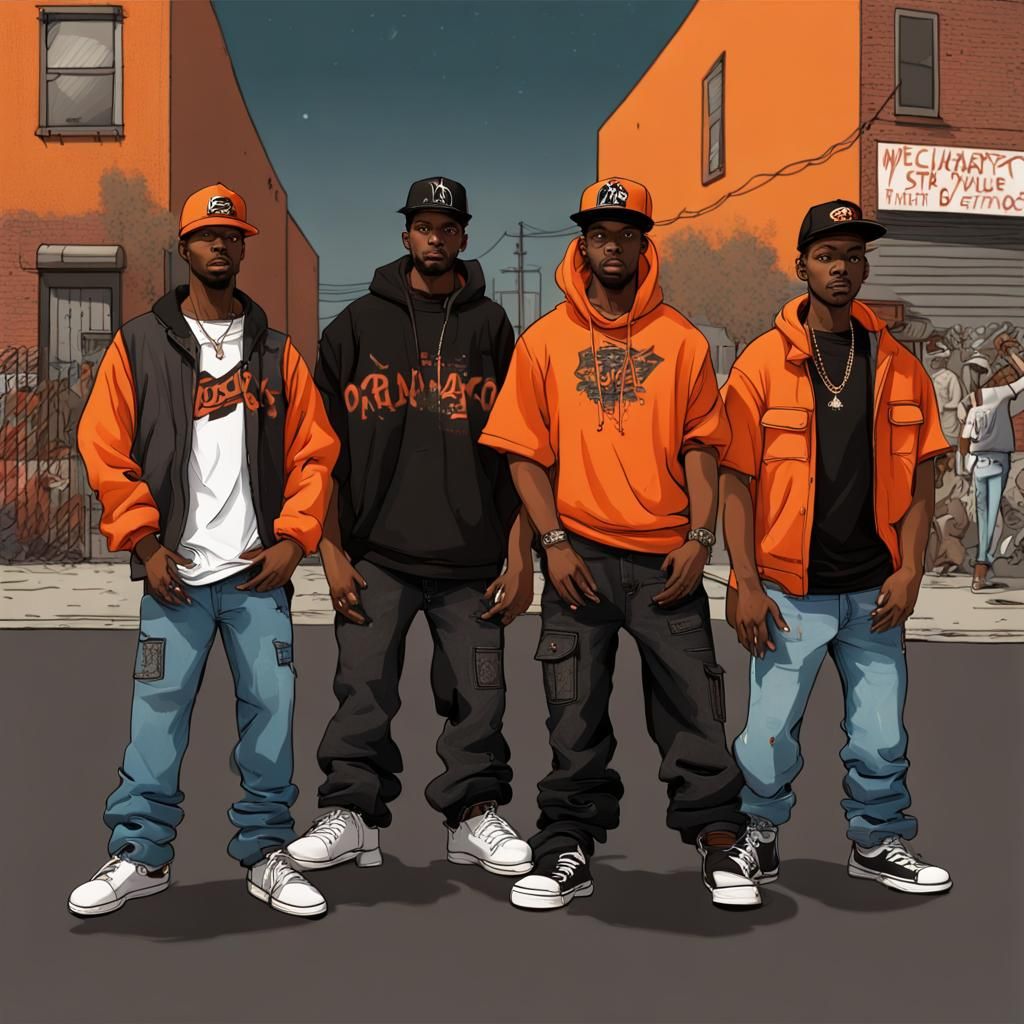 Men in Orange and Black, West Coast Hip-Hop Style