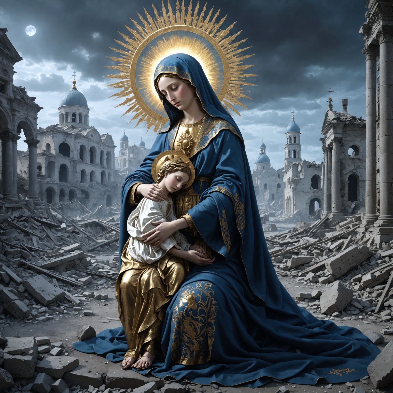 Hope in the Ruins: A Radiant Mother Consoling a War-Torn Chi...