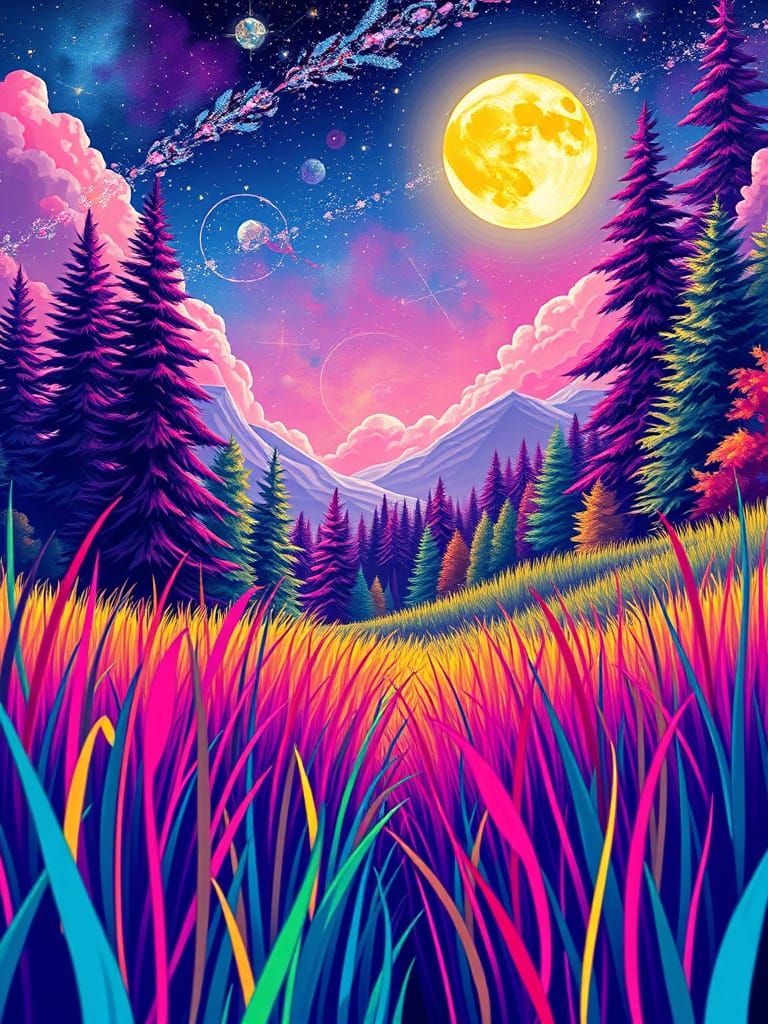 Surreal Neon Landscape in Crayon-Drawn Style