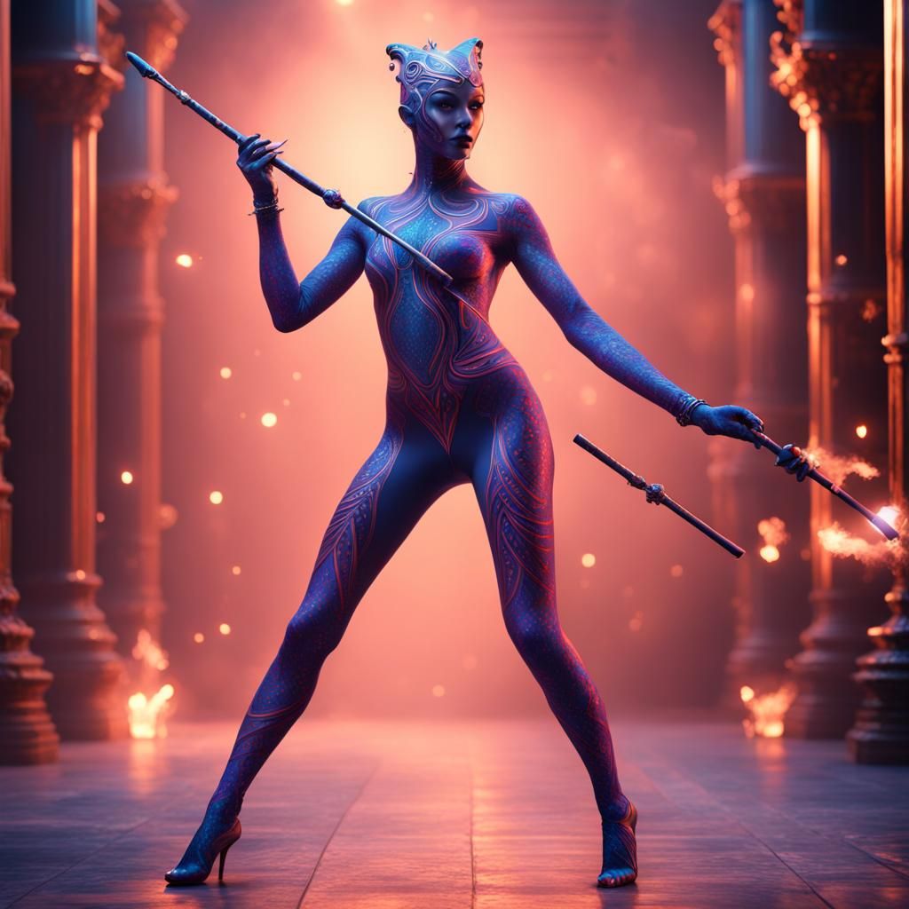 Zentai Dancer with Magic Wand in Detailed Painting