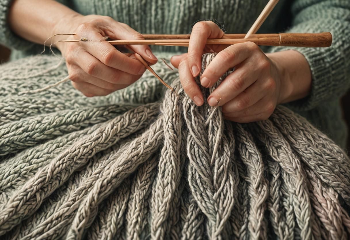 Macro Photograph of Knitting Hands with Yarn
