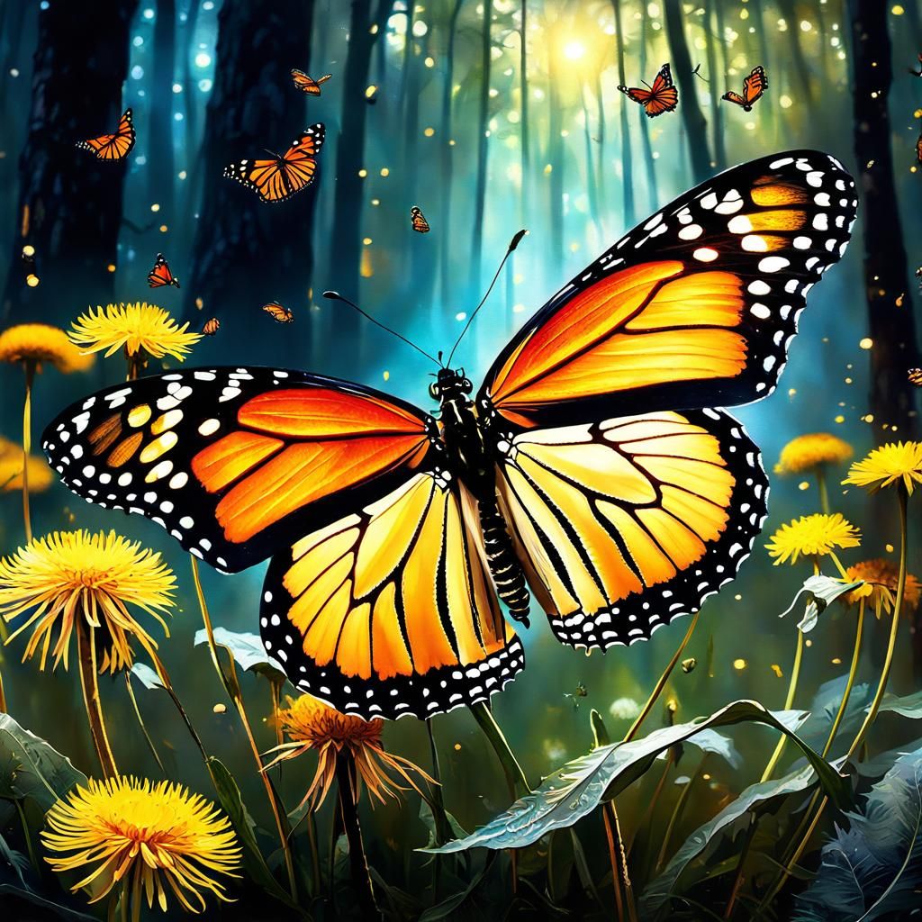 Monarch Butterfly on Dandelion in Dark Fantasy Style