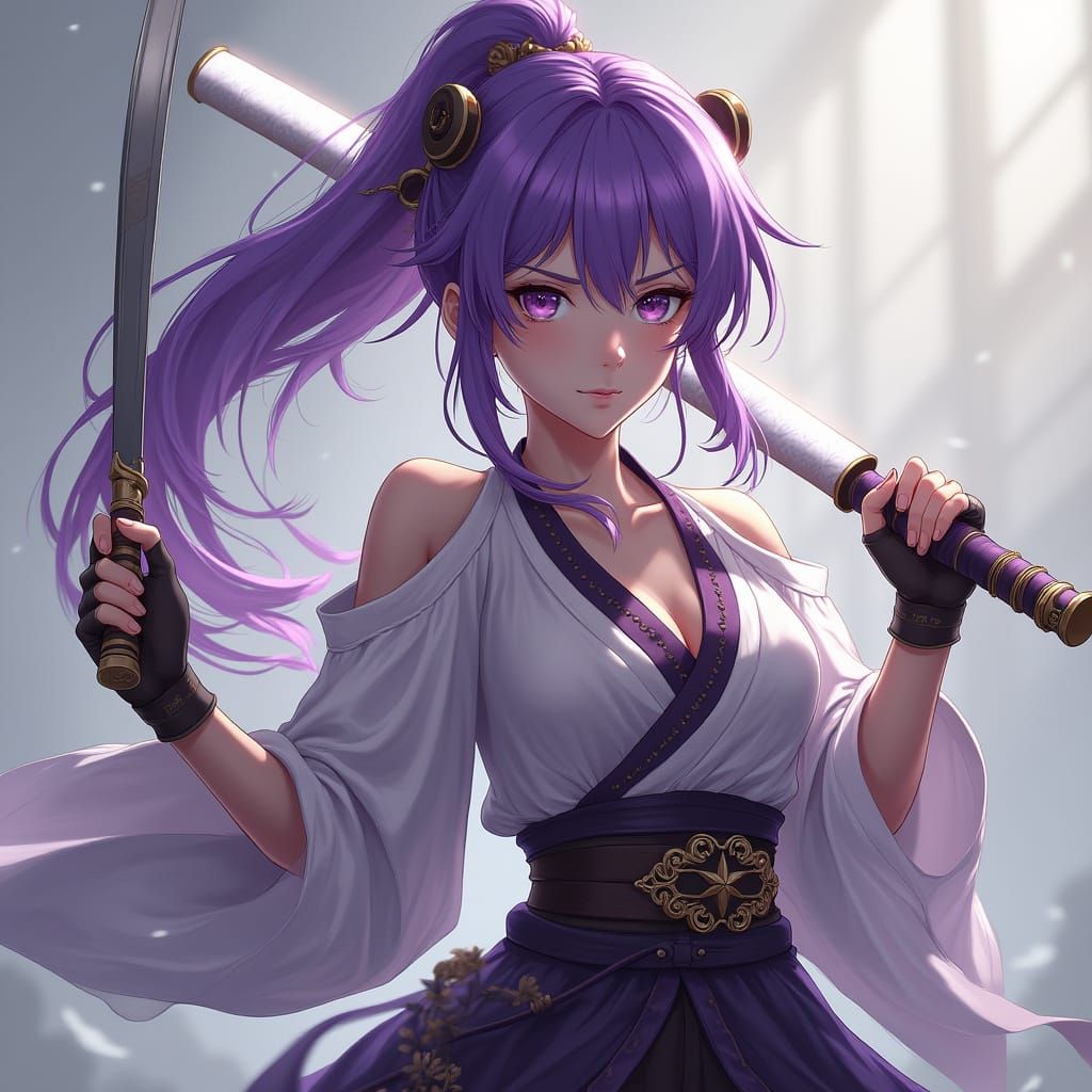 Elegant Purple Haired Warrior Wields Dual Sai in Majestic Re...