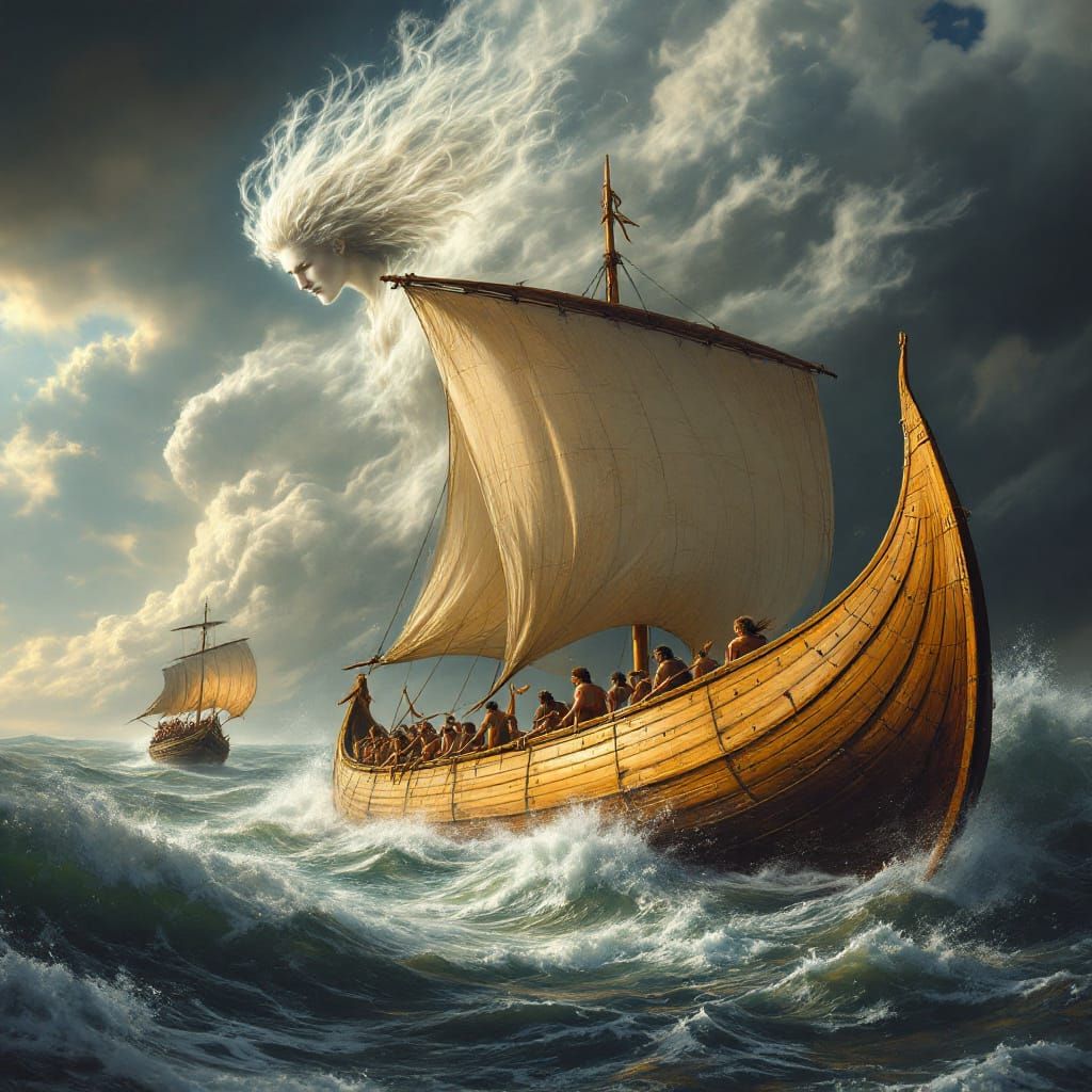 Greek God Zephyrus, helping the trireme escape