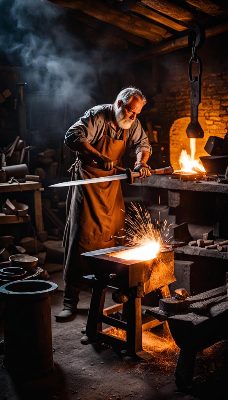 Medieval Blacksmith Forging Sword in Dark Workshop