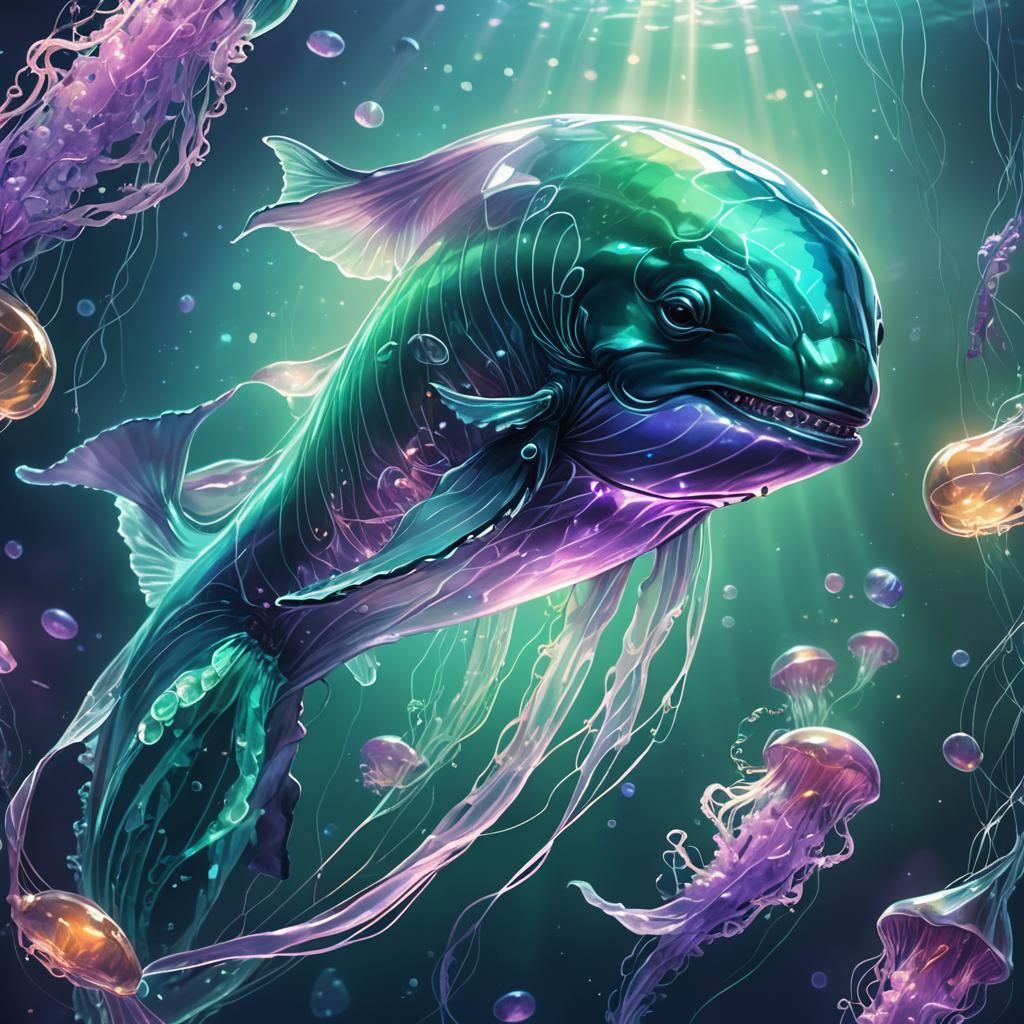 Ethereal Glass Whale in a Dreamy Oceanic Scene